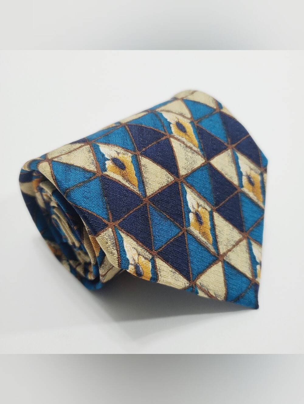 Ermenegildo Zegna Men's Italian Silk Neck Tie Tan & Blue Geometric Pattern